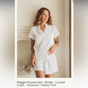 Maggie Pajama Set - Bridal - Lyocell Linen - Coconut + Daisy Trim